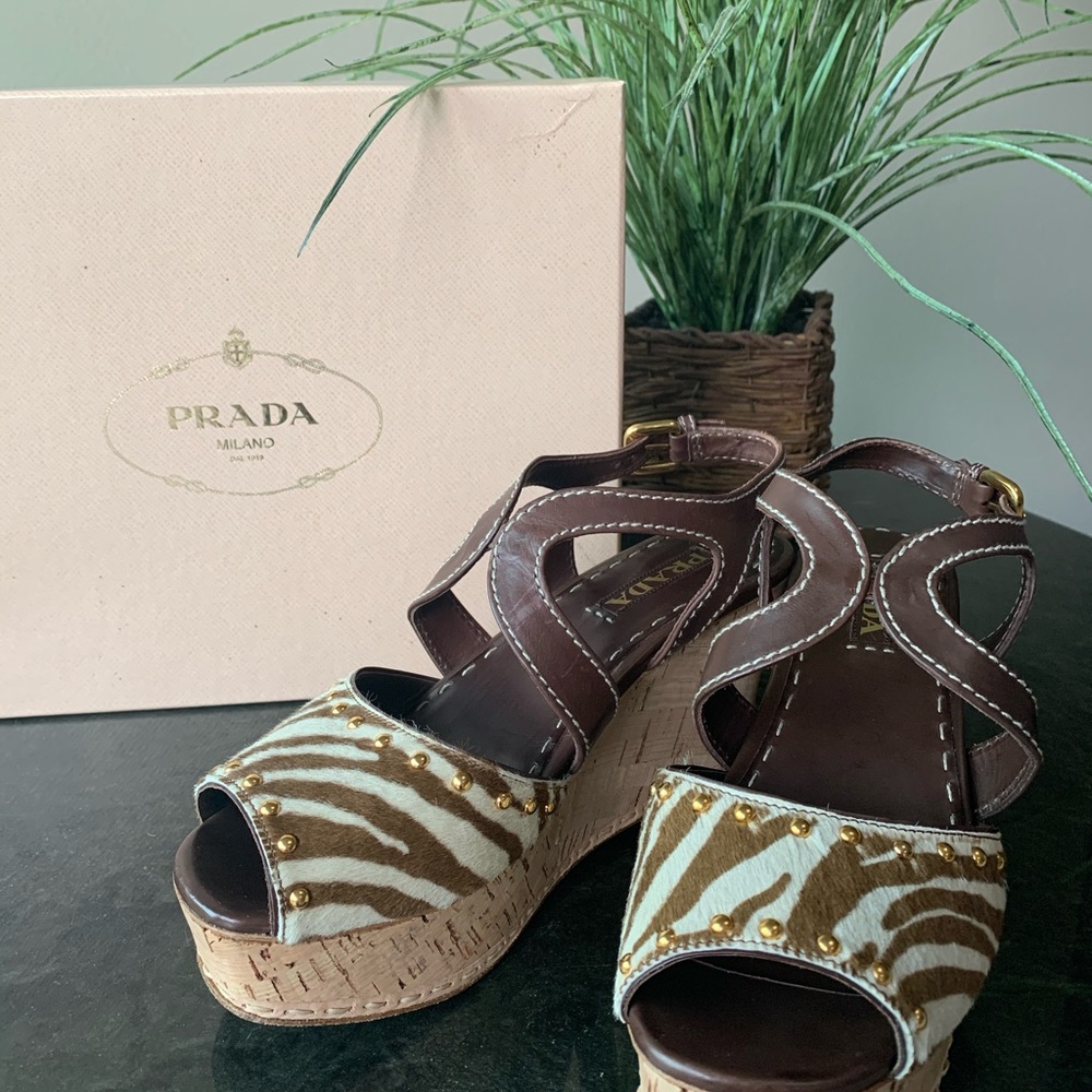 Prada Brown Pony Hair Zebra Wedges Size: US 9.5